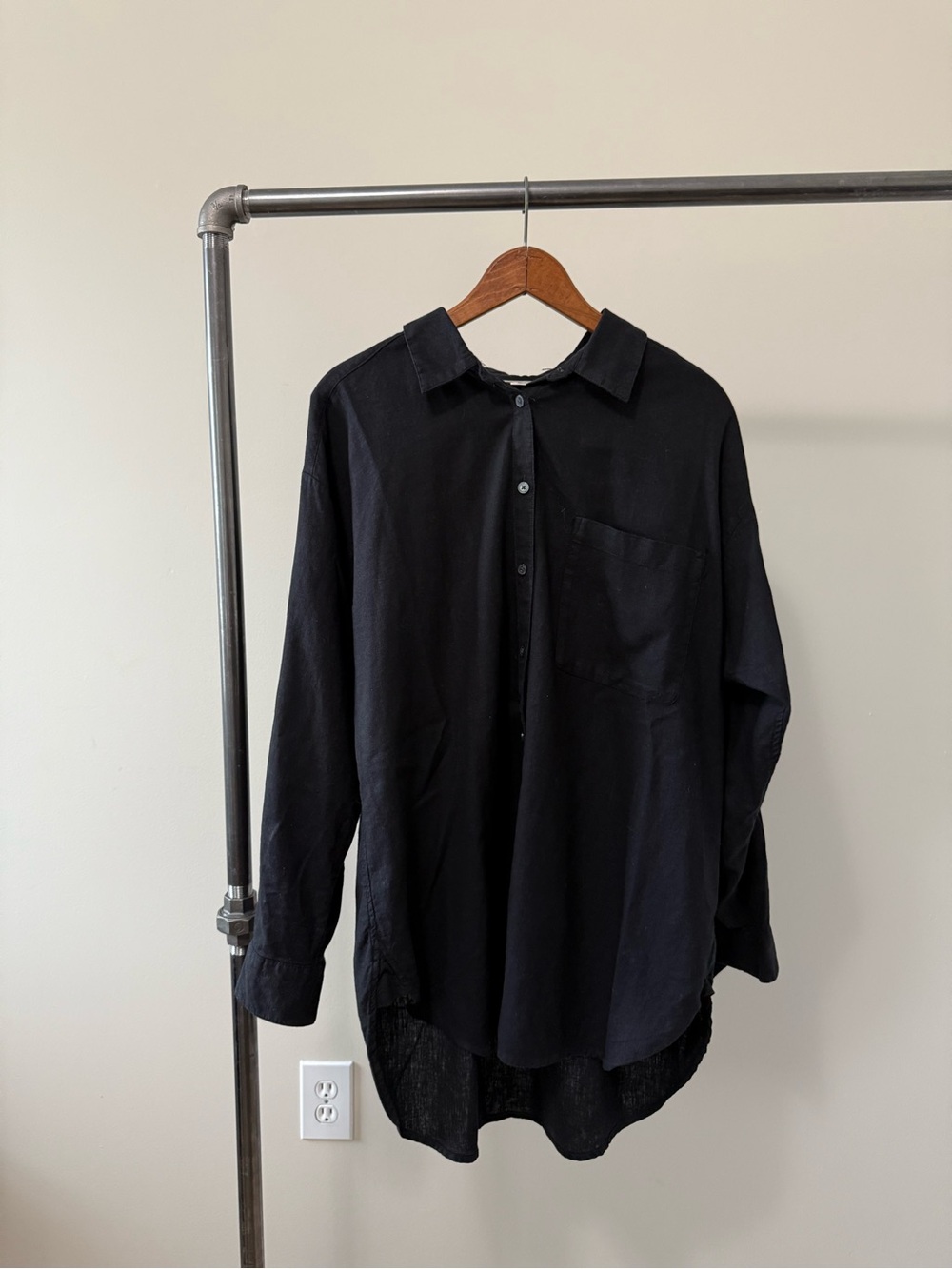LOFT Black Oversized Button Down Tunic Shirt High Low Hem Size L